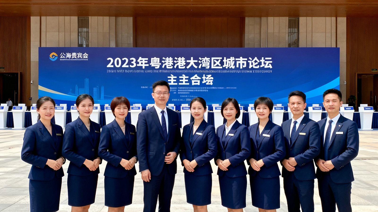 公海贵宾会核心团队成员身着统一藏青色职业装，在2023年粤港澳大湾区城市论坛主会场前合影留念，背景可见论坛主视觉背板与整齐排列的接待台