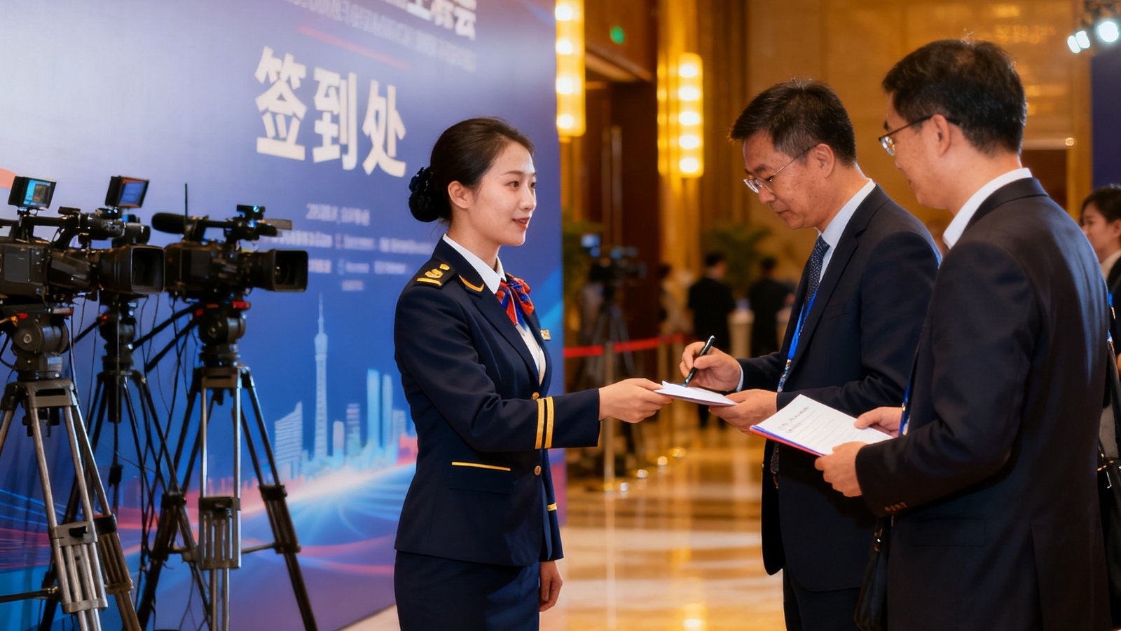 招商大会主会场入口处礼宾人员正在引导嘉宾签到，背景是大会主视觉背板与整齐排列的媒体设备