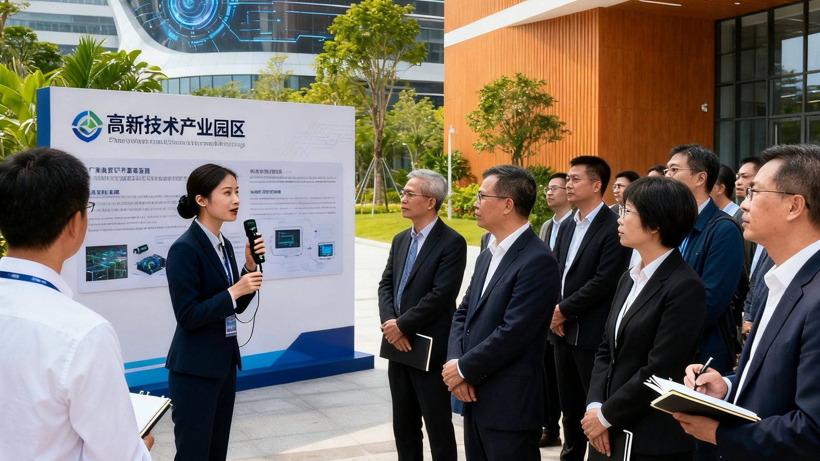 商务考察团组在广东某高新技术产业园区参观，礼宾人员正在进行中英双语讲解，考察团成员专注聆听