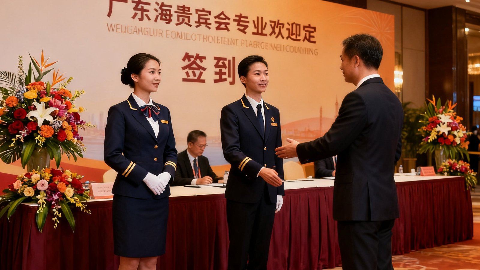 公海贵宾会专业礼宾团队身着统一制服在广东某政务活动签到处进行来宾引导和流程协调，背景为活动现场庄重的欢迎背板与花艺布置