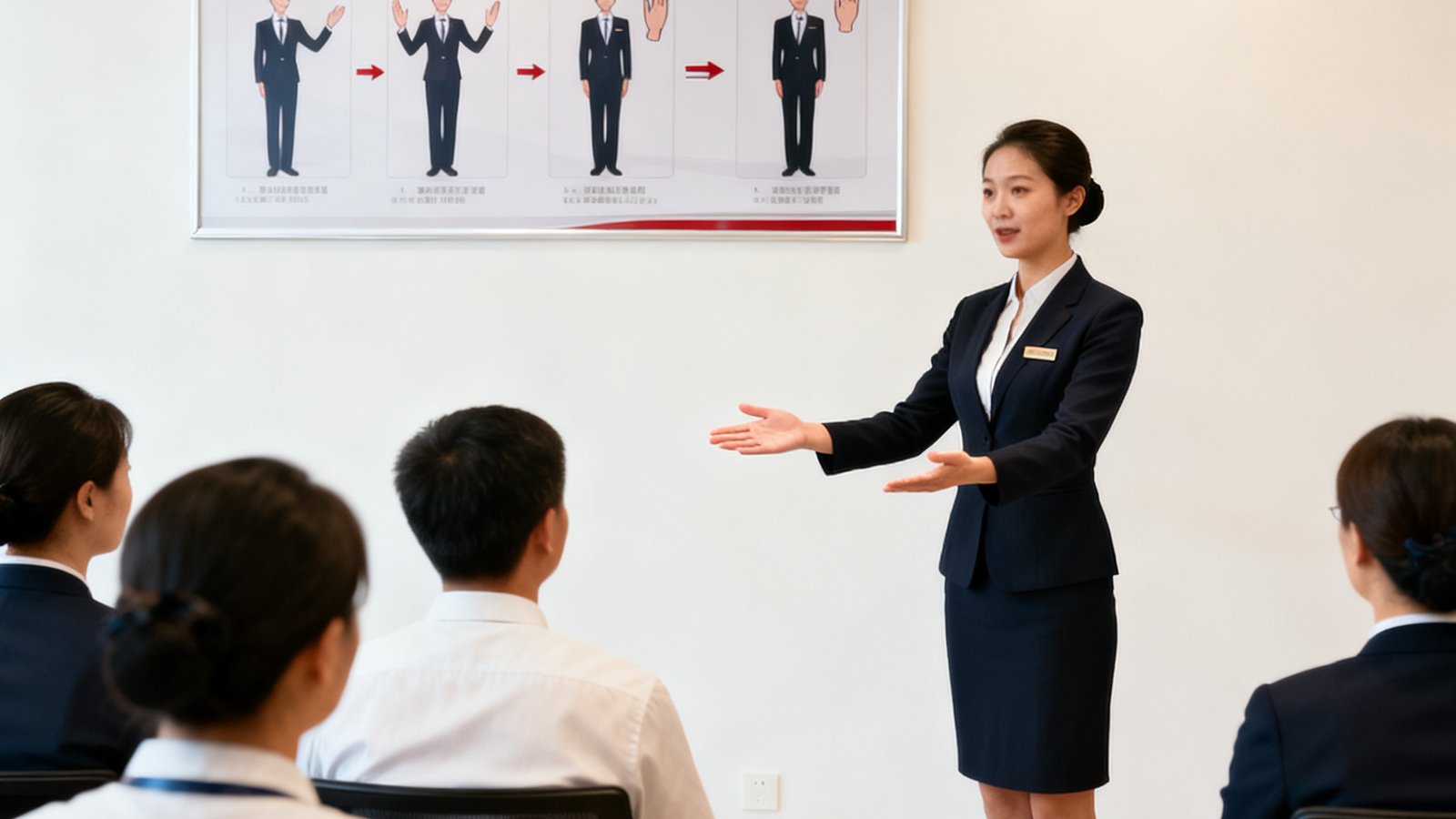 培训教室内礼宾讲师正在向学员演示正确的引导手势和站姿，墙面悬挂着政务礼仪规范图示