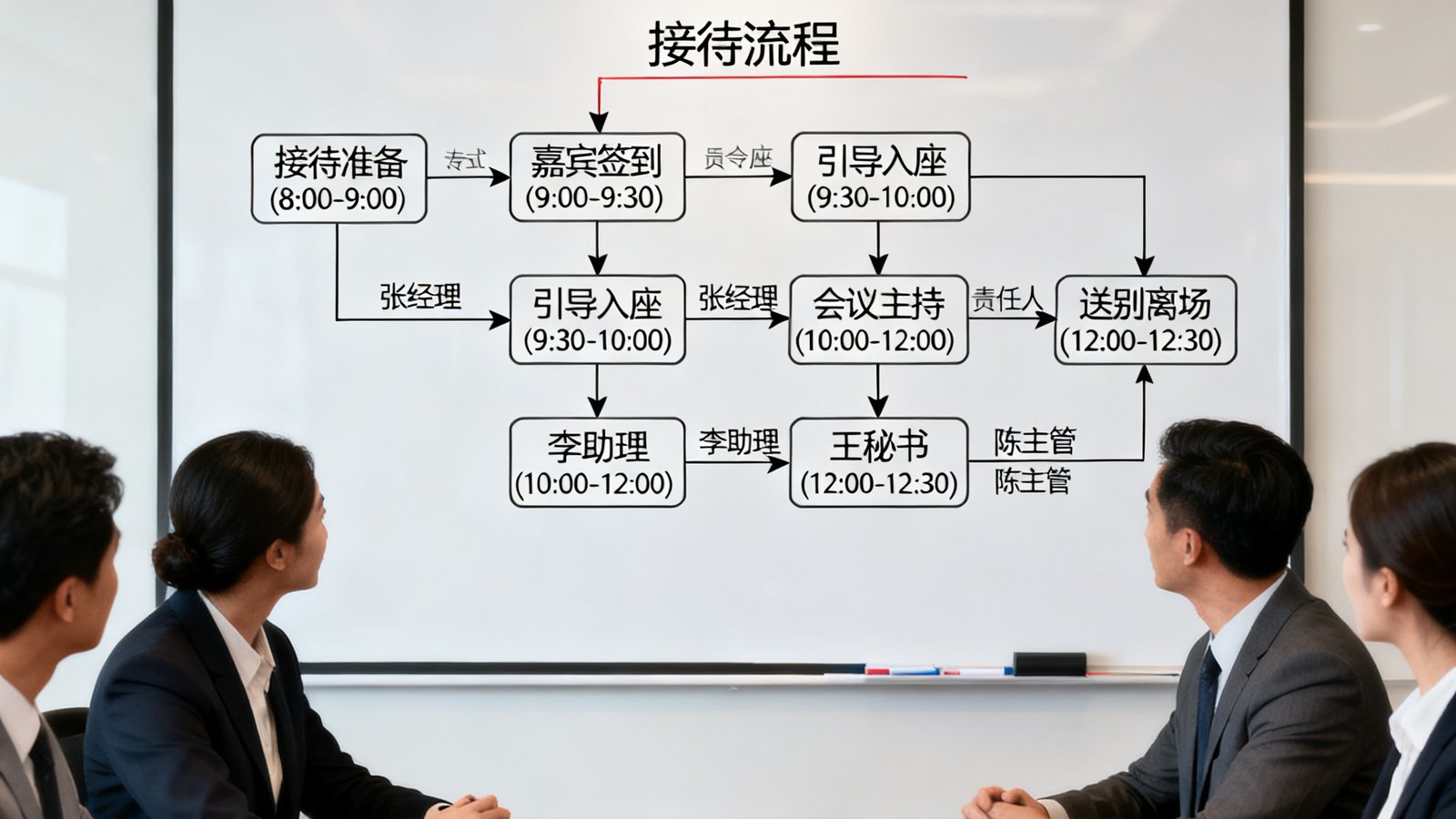 项目团队围坐在会议桌前，白板上绘制了完整的接待流程图，标注了各环节时间节点和责任人