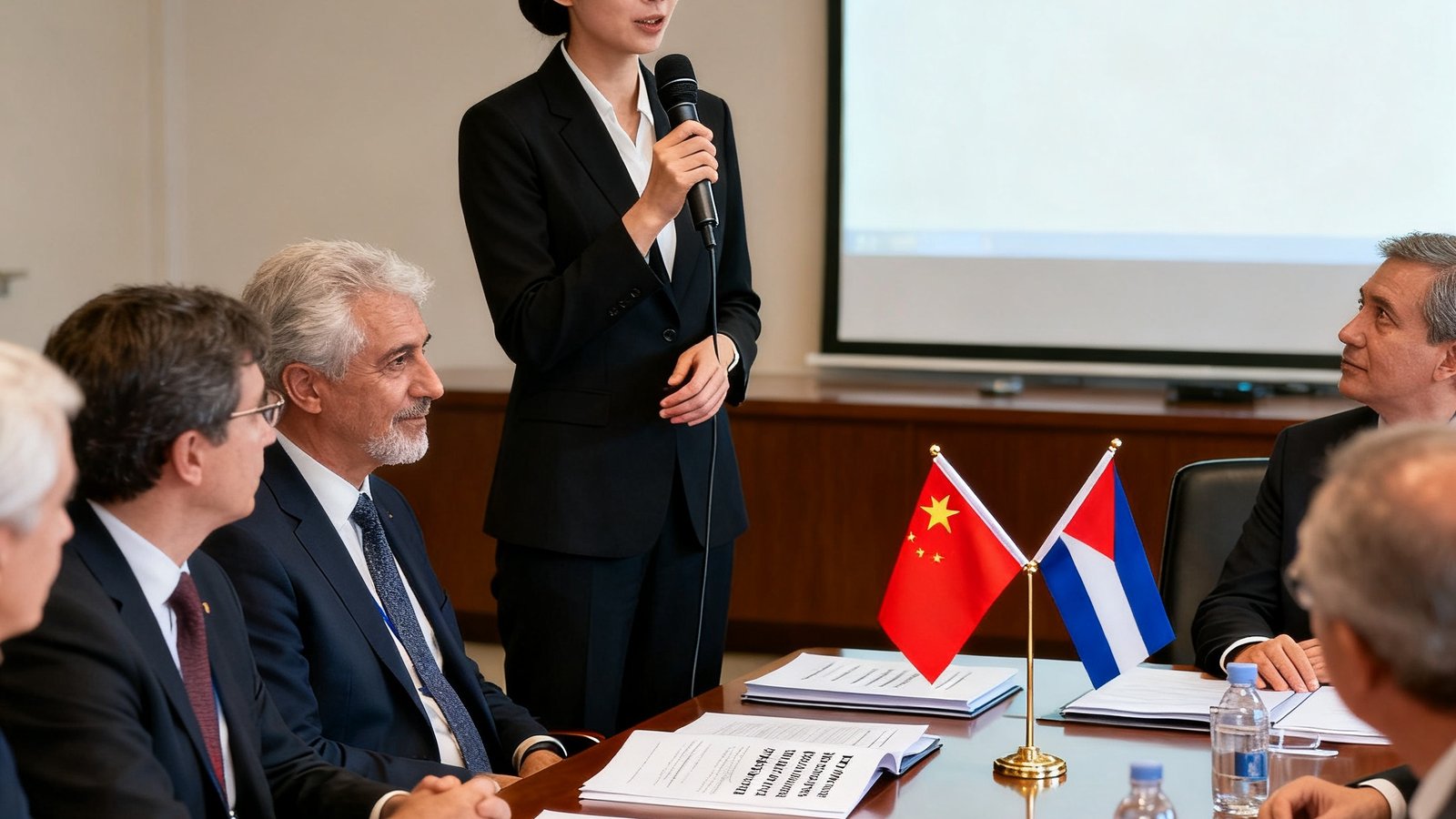 礼宾翻译人员正在为中外双方参会代表进行交替传译，身旁摆放着双语会议资料和国旗小旗