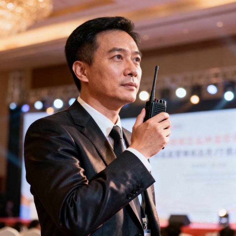 运营总监林志远先生的半身职业照，他身着西装，站在活动执行现场，手持对讲设备