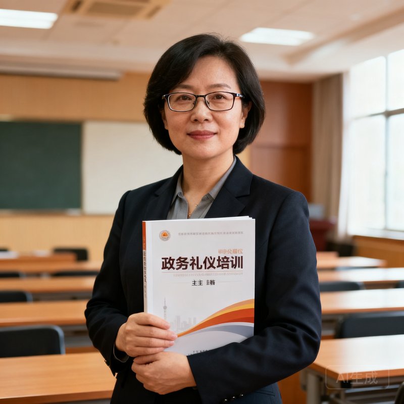 培训主任周敏女士的半身职业照，她戴着眼镜，手中拿着一本政务礼仪培训手册，背景是培训教室